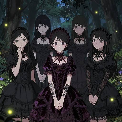 Digital anime-style illustration of five identical black-haired girls in gothic black dresses with lace, standing in a dark forest with glowing fireflies.