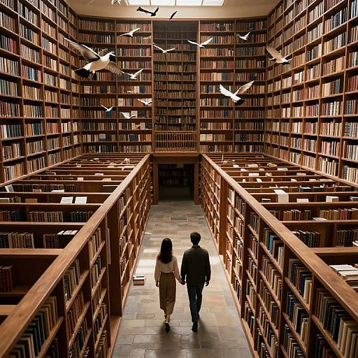 Photograph of a grand library with wooden bookshelves, two silhouetted figures walking down the central aisle, and white birds flying overhead.