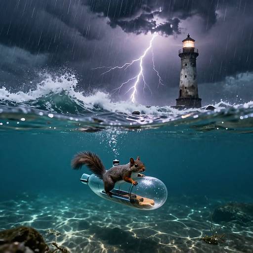 Photorealistic digital artwork: A squirrel in a clear bubble surfacing underwater, lightning strikes behind a lighthouse, waves crashing, dark stormy sky