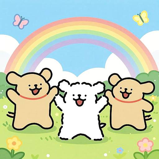 Joyful Cartoon Bears Under Rainbow
