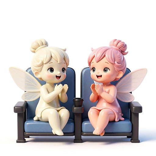 CGI image of two chubby, nude cherubs with wings, one white-haired and one pink-haired, sitting on blue armchairs, smiling and