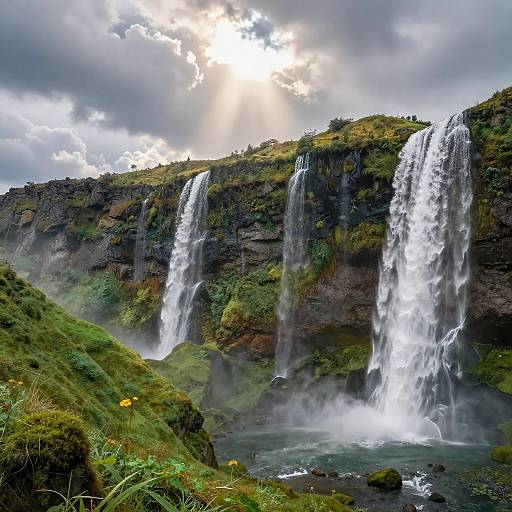 Photograph of a lush, green landscape with two tall, cascading waterfalls under a cloudy sky, sunlight breaking through, mist rising from the water