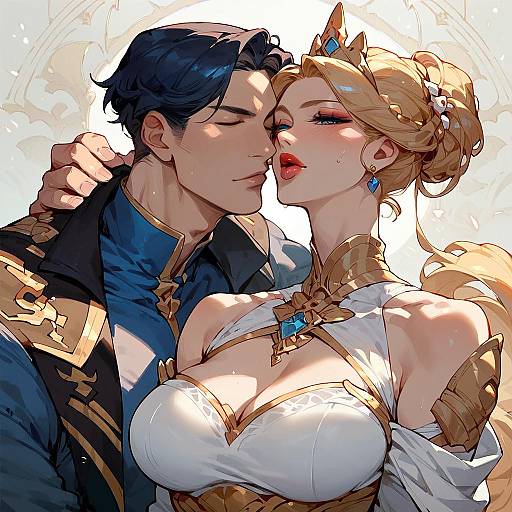 Digital anime-style drawing: blue-haired man in dark, gold-trimmed jacket passionately kisses blonde woman with crown, large breasts in white, gold-tr