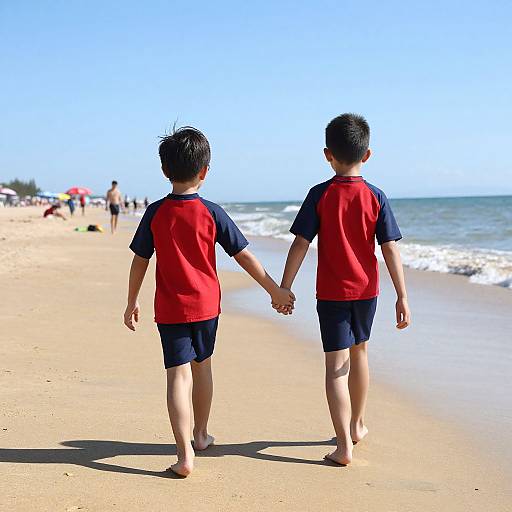 Photograph of two young boys with short black hair, wearing red and navy shirts, holding hands, walking barefoot on a sunny beach with gentle waves