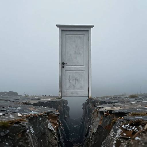 Photograph of a weathered, white door centered in a deep, reflective chasm, surrounded by foggy, rocky terrain with sparse grass.