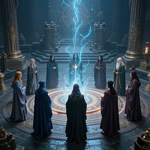 Digital fantasy artwork: A group of robed, hooded figures surround a glowing, blue-tinged magical circle with lightning, in a dim,