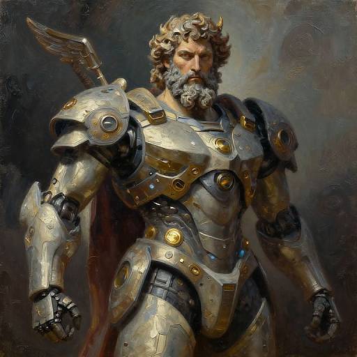 Digital painting of a bearded, muscular, armored warrior with winged shoulder plate, gold accents, and serious expression, set against a dark, textured