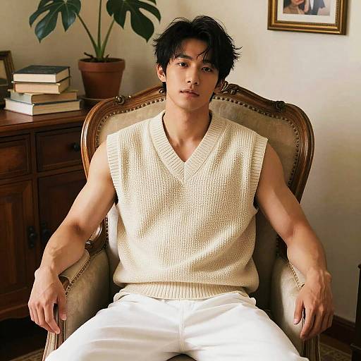 Young Asian man with short black hair, wearing a cream sleeveless sweater and white pants, sits in an ornate wooden chair in a warmly lit room