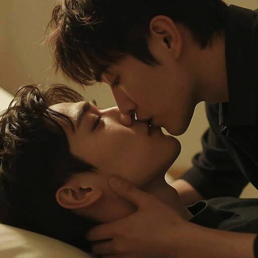 Photograph of two young men with dark hair, kissing passionately in a dimly lit bedroom. One man gently holds the other's face, eyes closed