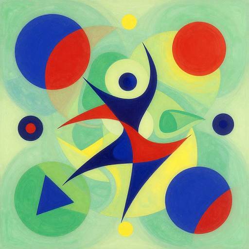 Abstract geometric painting featuring a blue and red abstract figure with circular and triangular shapes, surrounded by colorful circles on a light green background.
