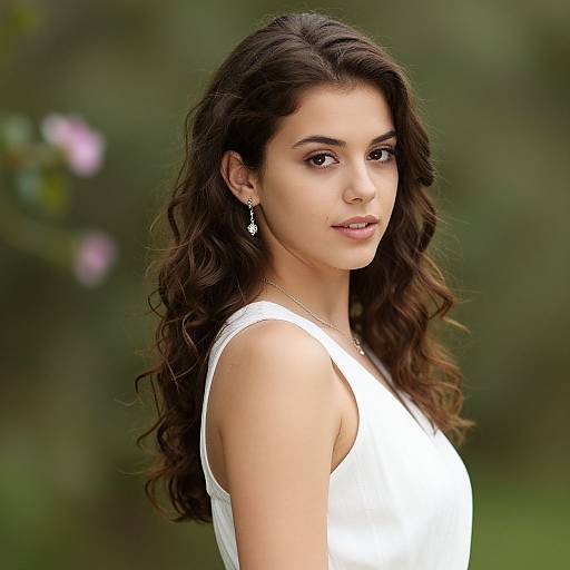 Photograph of a young woman with long, wavy dark brown hair, wearing a white sleeveless dress and dangling earrings, standing against a blurred green