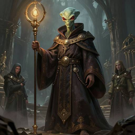 Digital artwork of a green-skinned, masked sorcerer in ornate dark robes holding a glowing staff, surrounded by hooded figures in a misty