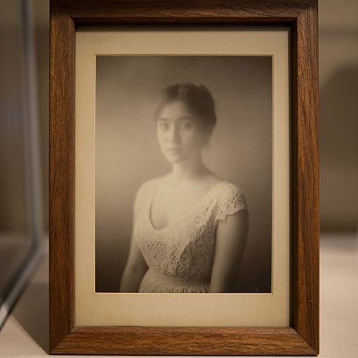 Sepia-toned photograph of a young woman in a lace dress, framed in a wooden frame, displayed against a blurred background.