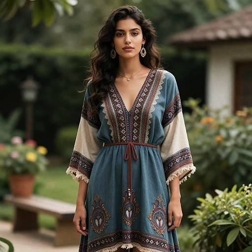 Photograph of a young woman with long, wavy dark hair wearing a blue, embroidered, V-neck dress with white sleeves, standing in a lush
