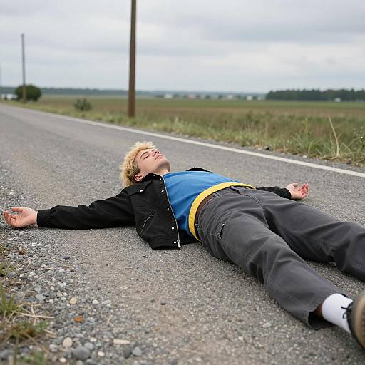 Young Man Lying on Gravel Road Outdoors