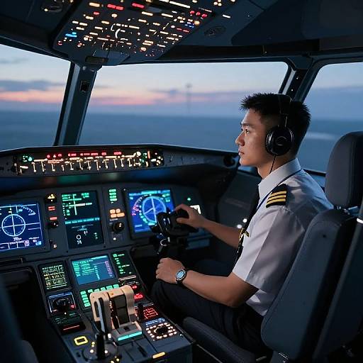 Photograph of an Asian male pilot in a white uniform with black stripes, wearing headphones, flying a modern aircraft cockpit at dusk.