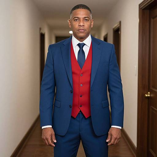 Photograph of a Black man in a navy blue suit, red vest, and black tie standing in a white hallway.