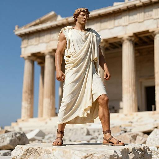 Photorealistic CGI of a muscular, young man in a white ancient Greek toga and sandals, standing confidently on a rock in front of a classical
