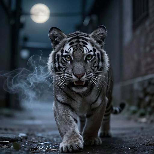 Photorealistic digital artwork of a fierce white tiger with green eyes, smoke from its mouth, walking towards the camera under a bright full moon in a
