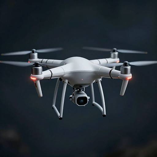 Photograph of a white quadcopter drone with red LED lights on the motors, floating against a dark, blurred background.