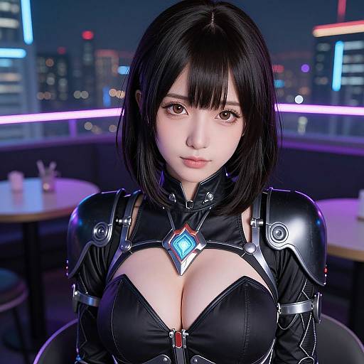 CGI image of a beautiful, anime-style woman with black hair and large breasts, wearing a black, futuristic armor with a glowing blue gem, in