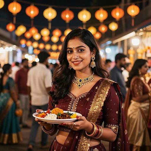 Photograph of a smiling Indian woman in a maroon saree with gold embroidery, holding a plate of food, adorned with jewelry, in a brightly