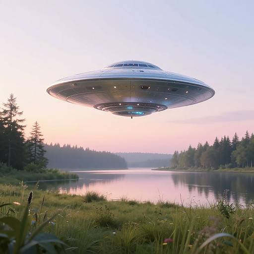 Photograph of a sleek, silver flying saucer hovering above a serene, reflective lake surrounded by tall pine trees at sunrise.