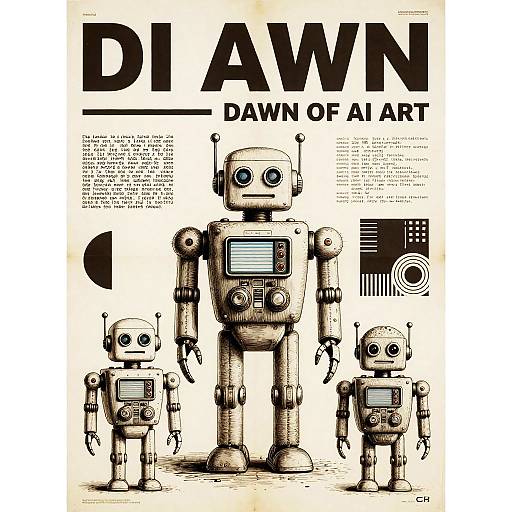 Digital drawing of three retro-style robots in varying sizes, labeled 