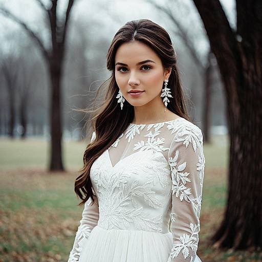 Bride in White Lace Wedding Dress Outdoors