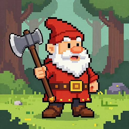 Pixel art of a cheerful, red-cloaked Santa-like character with a white beard, holding an axe, standing in a vibrant, forested landscape