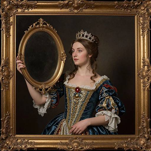 Photograph of a young, fair-skinned woman with curly brown hair, wearing a detailed blue velvet gown and silver tiara, holding an ornate