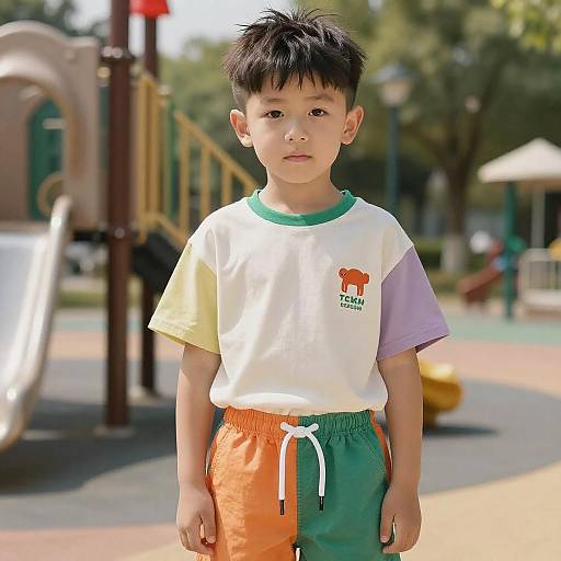 Photograph of a young boy with short black hair, wearing a white and multicolored T-shirt, orange-green shorts, standing in a sunny playground