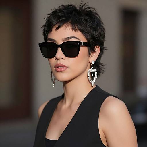 Photograph of a short-haired woman with dark sunglasses, black sleeveless top, and large diamond earrings, looking confidently to the side.