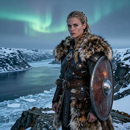 Photograph-style CGI of a fierce blonde woman in Nordic warrior attire with fur and leather, holding a round shield, standing on snowy, rocky coastline under