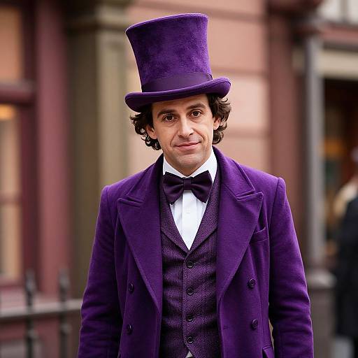 Photograph of a man with curly hair, wearing a purple top hat, purple three-piece suit, and black bow tie, smiling outdoors in front of
