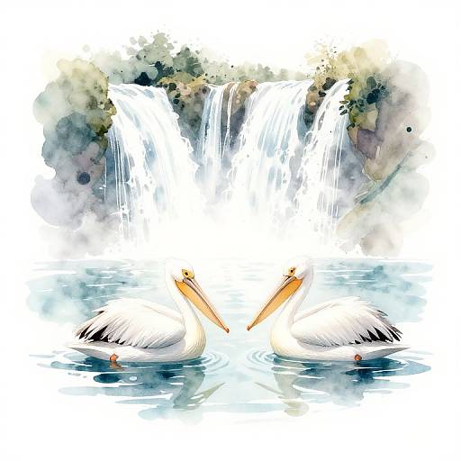 Watercolor illustration of two white pelicans with orange beaks facing each other, mirrored in calm water below a cascading waterfall.