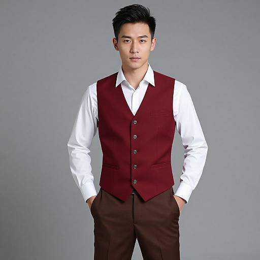 Photograph of a young Asian man with short black hair, wearing a white shirt and maroon vest, brown pants, standing against a plain gray background