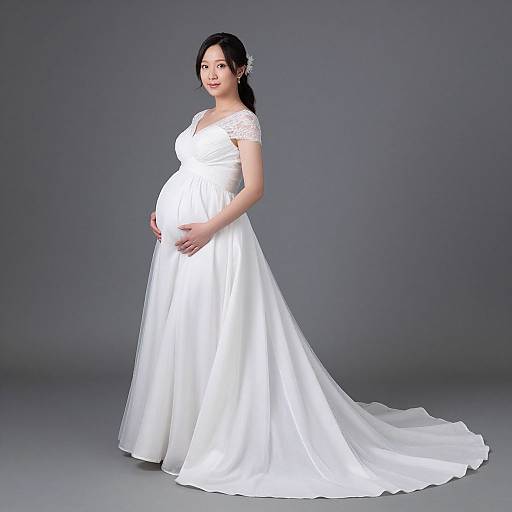 Pregnant Asian woman in a white, lace-trimmed wedding dress with a long train, standing against a gray background. Photographic image.