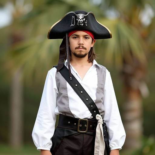 Photograph of a young man with medium skin tone, black hair, and beard, wearing a pirate outfit with tricorn hat, white shirt, black