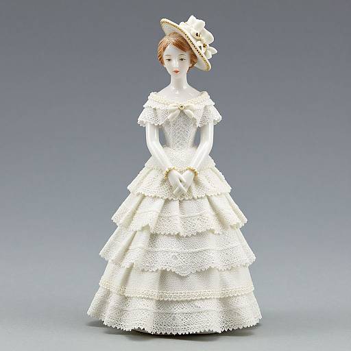 Photorealistic digital doll in a white, intricately laced, Victorian-style ball gown with a matching bonnet, standing against a gradient gray background