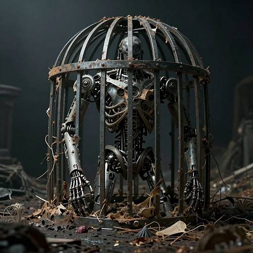 Photograph of a rusted, skeletal robot in a damaged, metallic cage, surrounded by debris and wires, set against a dark, industrial background.