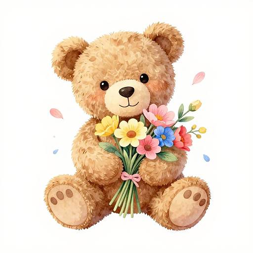 Cute, fluffy brown teddy bear with black eyes and a pink bow, holding a colorful bouquet of flowers, digital illustration.