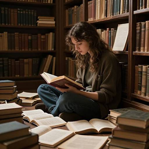 Photograph of a young woman with wavy brown hair, wearing a dark sweater and jeans, sitting on the floor among stacks of books, reading an
