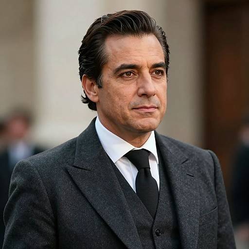 Photograph of mature, handsome man with dark hair, wearing black suit, white shirt, black tie, standing outdoors, neutral background.