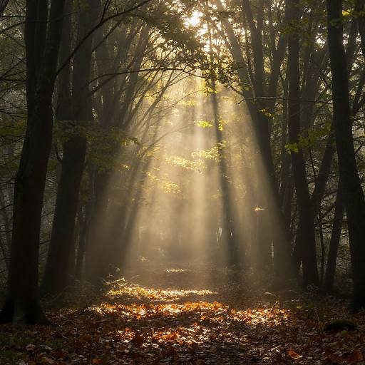 Photograph of a misty forest at sunrise, sunlight streaming through tall trees, illuminating a carpet of fallen autumn leaves.