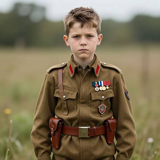 Photograph of young boy in World War II-era German military uniform, standing in a grassy field, with medals and brown belt.