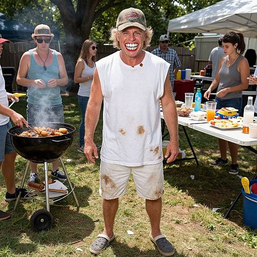 Photograph of a smiling, dirty-haired man in a white t-shirt and cap, standing in front of a BBQ grill at an outdoor picnic. Sun