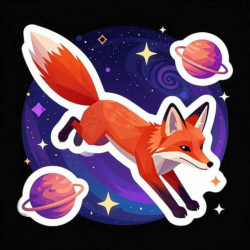 Digital illustration of a vibrant red fox with white-tipped tail and paws, flying through a starry, purple and blue cosmic background with three pink