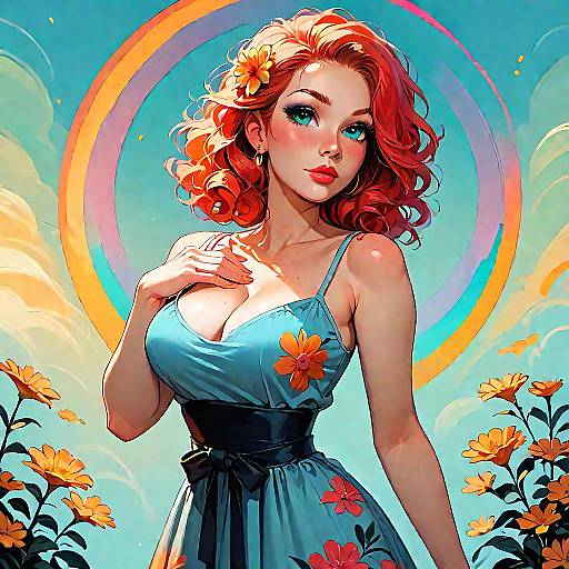 Redhead Woman in Colorful Sundress with Flowers