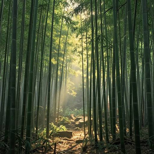 Photograph of a serene bamboo forest with tall, slender green stalks, sunlight filtering through, and a sunlit path through the dense foliage.